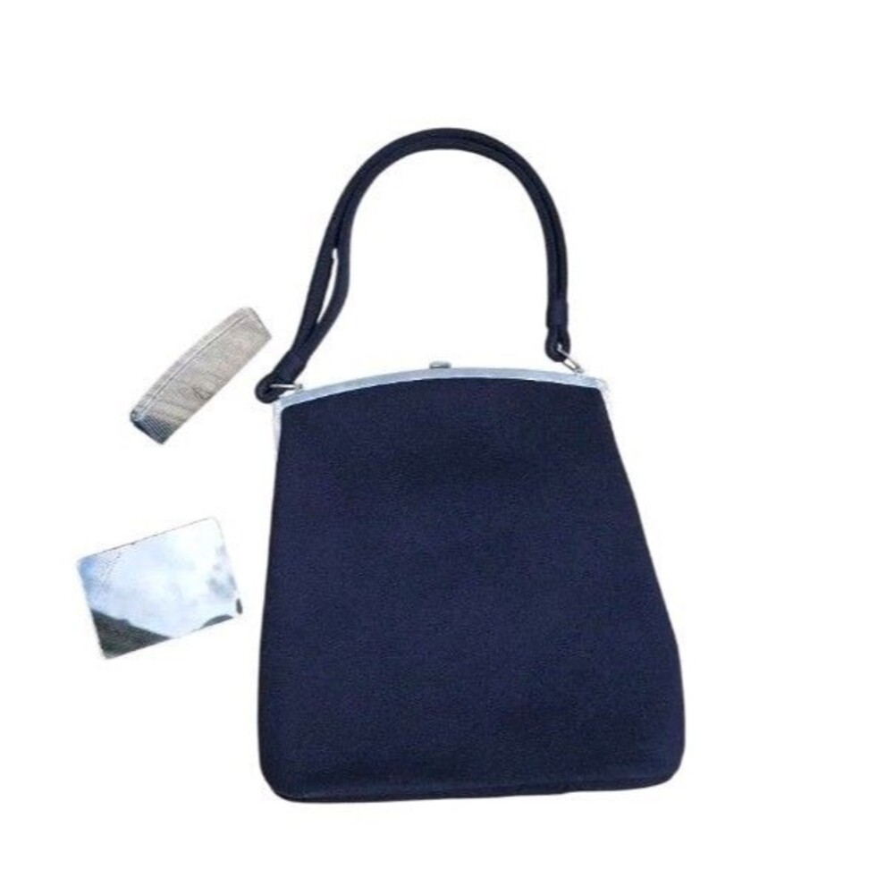 Ingber Navy Blue Wool Felt Top Handle Vintage Bag Purse Velvet Mirror Comb 50s